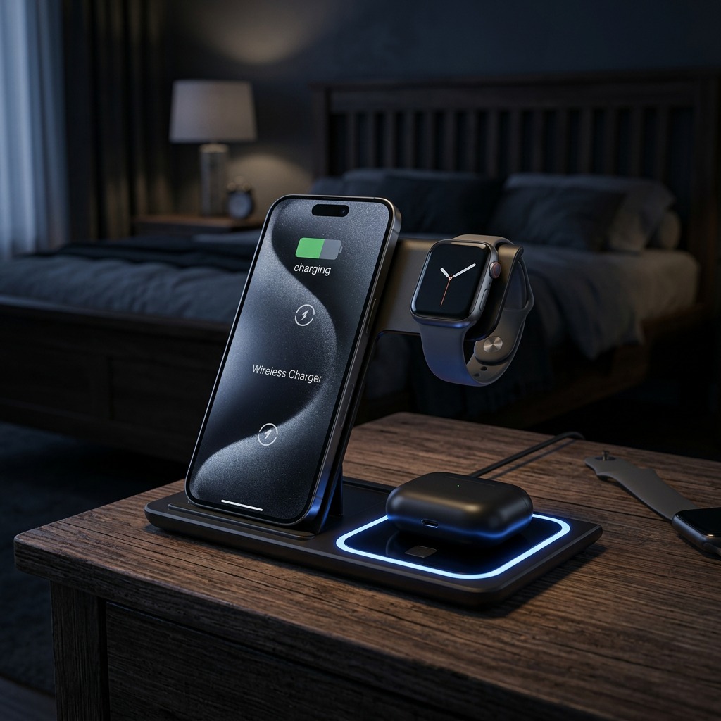 Wireless 3-in-1 Dock charging a smartphone, smartwatch and wireless earbuds, with a soft blue light along the base.